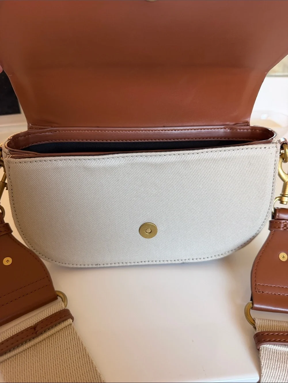 Zara Beige Canvas Shoulder Bag with Brown Leather Trim